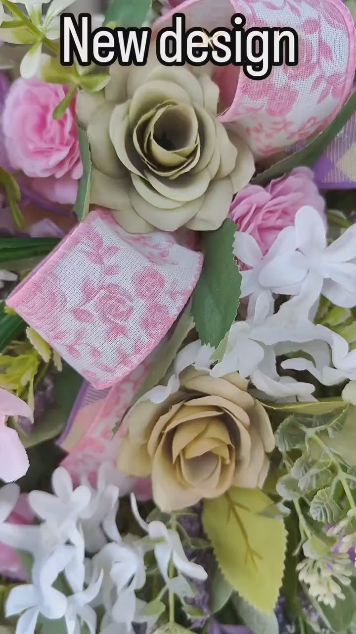 Wreath Spring Summer pinks greens lavender white all year round door wreath wall hanger