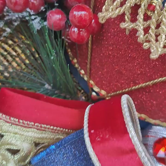 Nutcracker Drum Christmas Wreath: Navy, Red & Gold Door Hanger