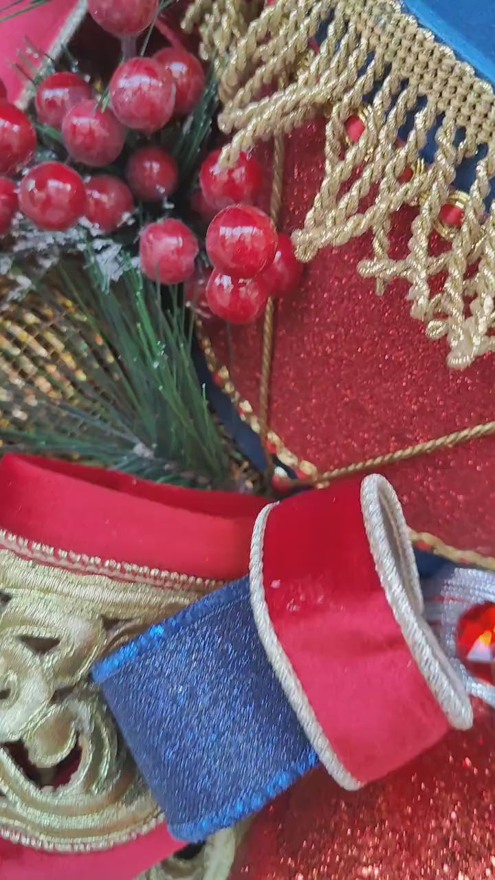 Nutcracker Drum Christmas Wreath: Navy, Red & Gold Door Hanger