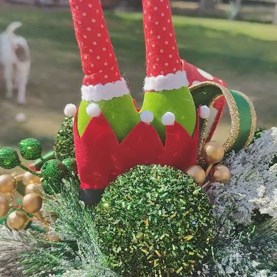 Christmas traditional drum centrepiece tablecentre cheeky whimsical elf green red gold