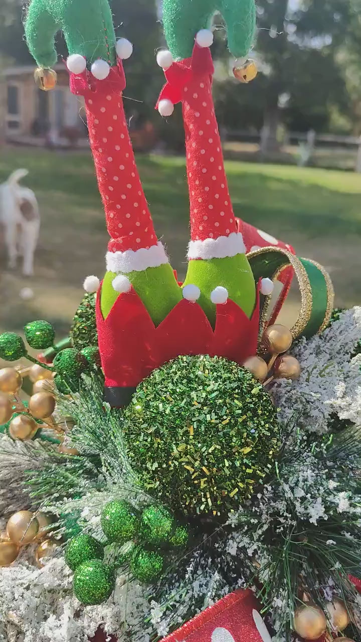 Christmas traditional drum centrepiece tablecentre cheeky whimsical elf green red gold