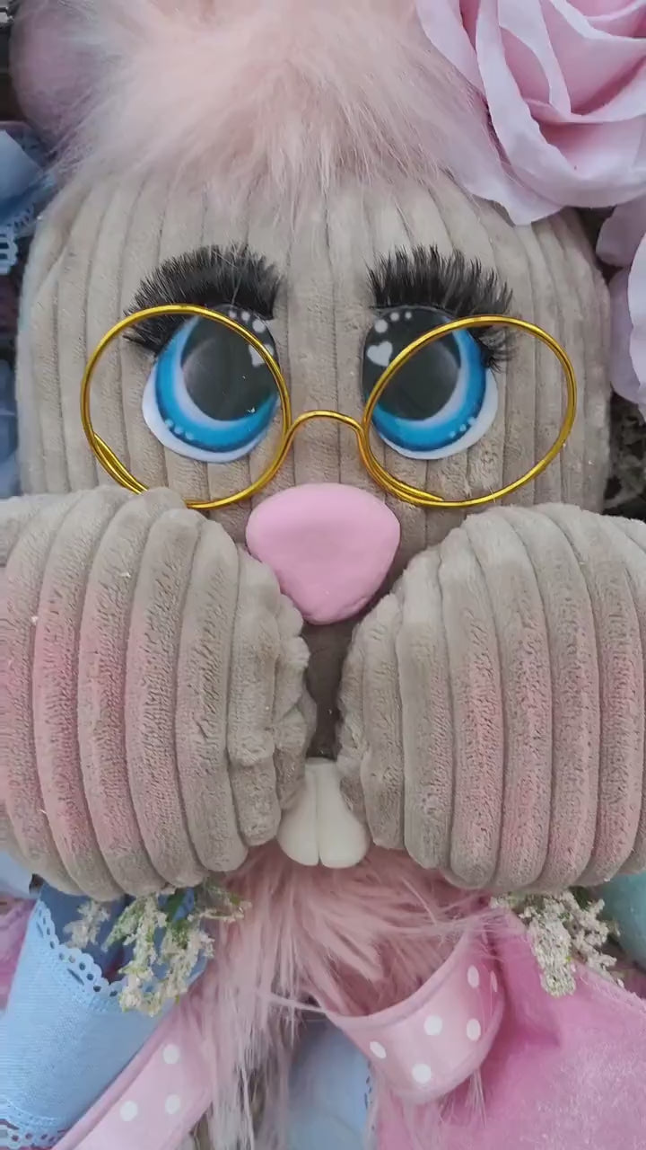 Easter bunny wreath pastel pink and baby blue large XL deluxe large ear rabbit