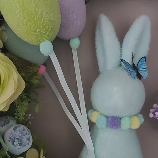 Easter wreath bunny flocked rabbit Easter eggs pastel blue lavender green large