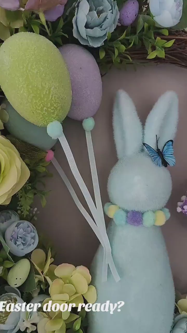 Easter wreath bunny flocked rabbit Easter eggs pastel blue lavender green large