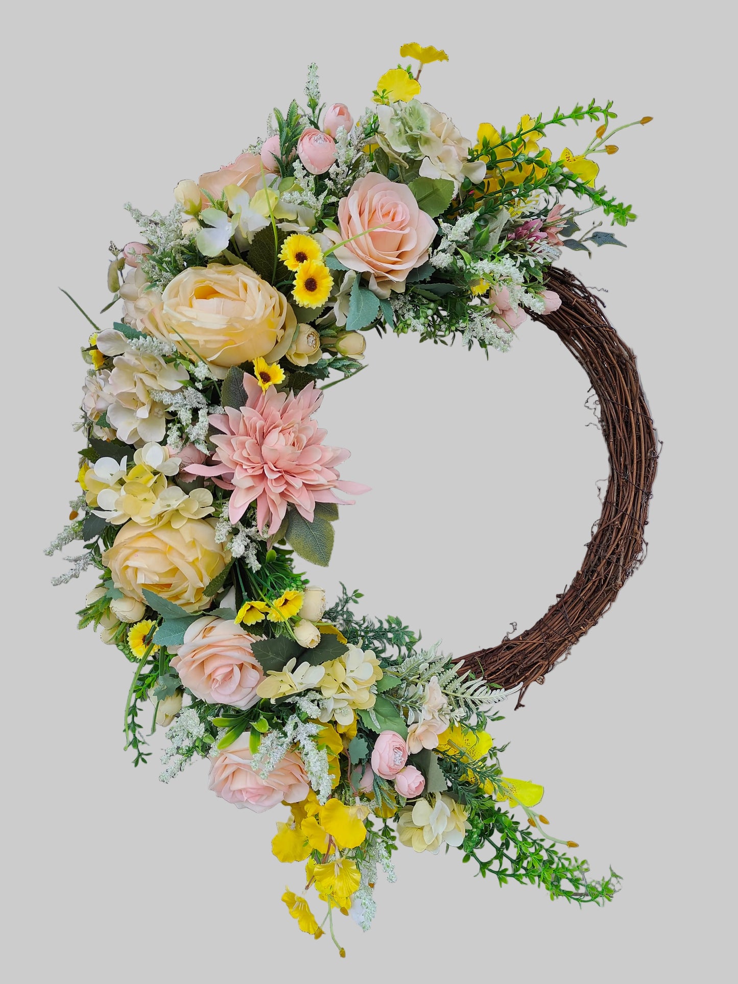 Lemon yellow wreath vintage rose pink large half moon grapevine wreath Spring Summer florals