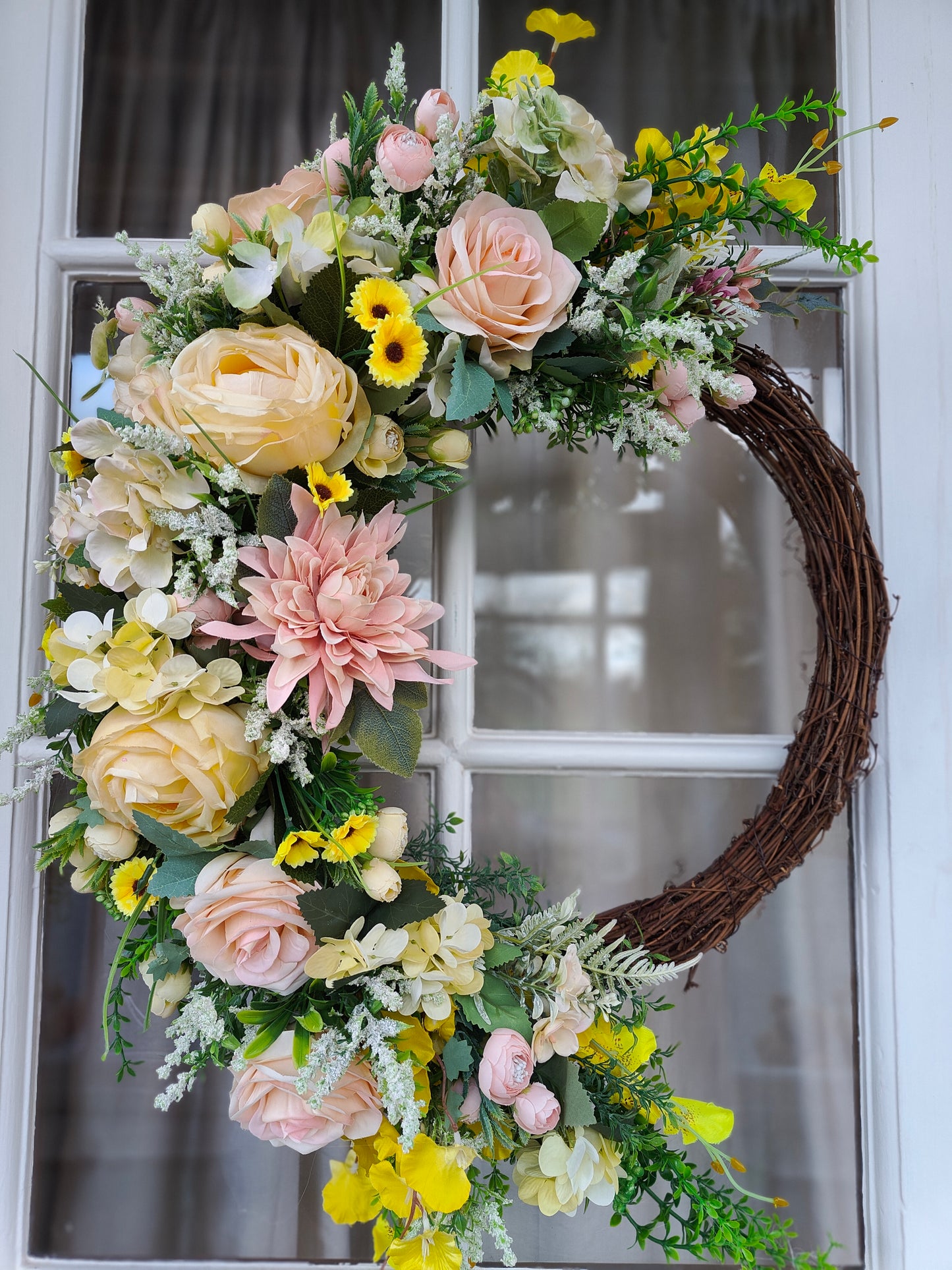 Lemon yellow wreath vintage rose pink large half moon grapevine wreath Spring Summer florals