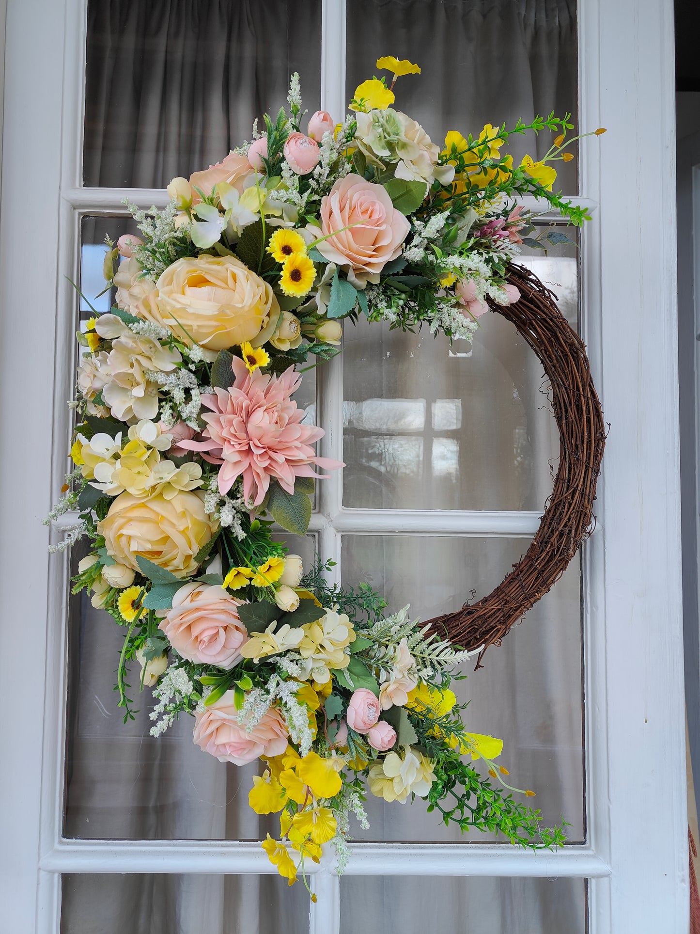 Lemon yellow wreath vintage rose pink large half moon grapevine wreath Spring Summer florals