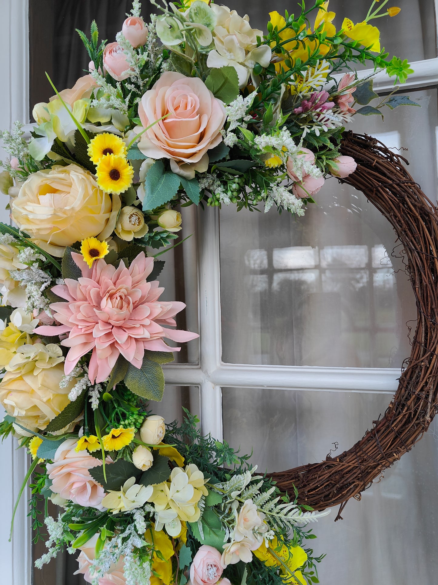 Lemon yellow wreath vintage rose pink large half moon grapevine wreath Spring Summer florals